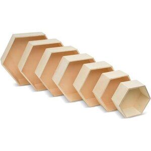 New Wooden Hexagon Floating Shelves with Backs, 2 Sets of 7, Unfinished